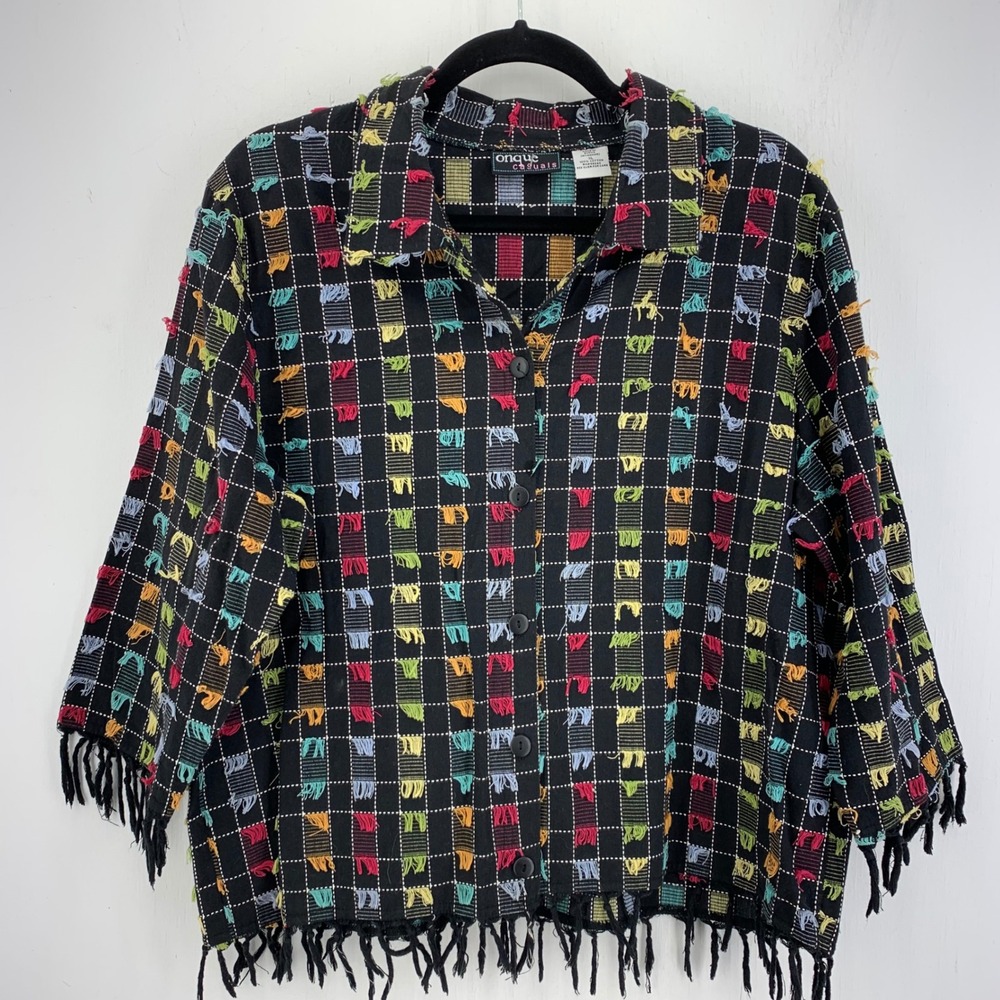 Vintage Black Plaid Fringe Button Up Top XL Multicolored Art To Wear Cotton Boho